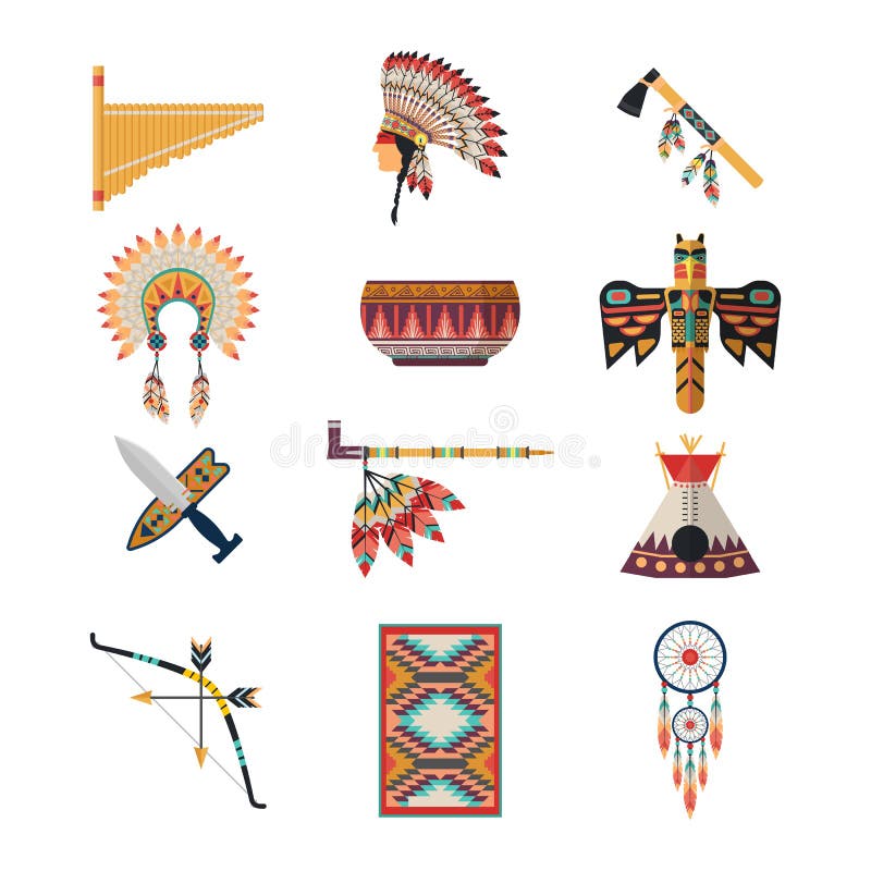 Set of isolated american indian attributes. Musical instrument and headdress with feather, axe or hatchet and wigwam, smoking pipe and carpet, totem and bow, dreamcatcher. USA culture, tribal. Set of isolated american indian attributes. Musical instrument and headdress with feather, axe or hatchet and wigwam, smoking pipe and carpet, totem and bow, dreamcatcher. USA culture, tribal