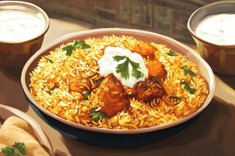 Indianisches Biryani Gericht mit Reis und Fleisch wird in einer Schüssel mit Jogurt Soße und Kräuter serviert. leckeres Essen. kös lizenzfreie abbildung