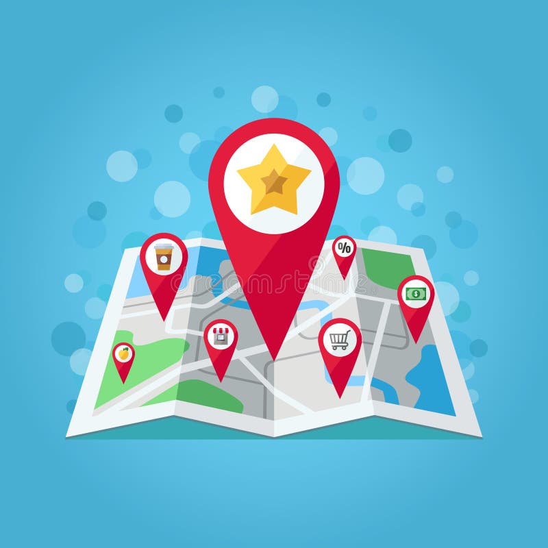 Indicatoarele hărții GPS de pe harta vectorială ilustrație a magazinului Apple Star iau de aici căruciorul de cafenele în procente vector illustration