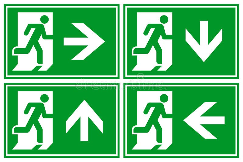 Indicator de funcționare și de ieșire. pictogramă ieșire. ieșire de urgență. simbol de siguranță. set de pictograme pentru evacuar vector illustration