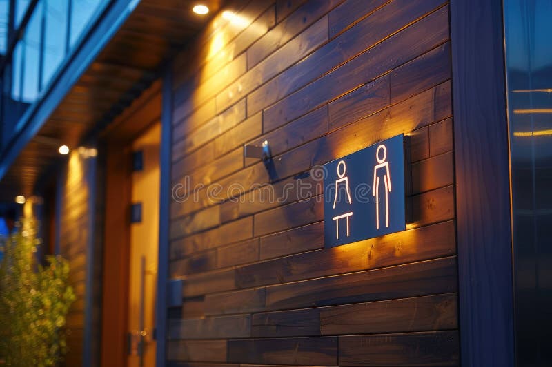 Indicator modern de toaletă iluminat cu simboluri masculine și feminine pe un perete din lemn în afara unei clădiri publice elegan stock illustration