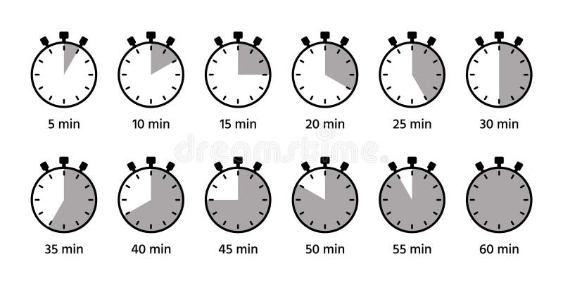 Indicatori per la cottura a piatto. Set di orologi con minuti diversi. Icone timer. Orologi a forma di cerchio illustrazione vettoriale