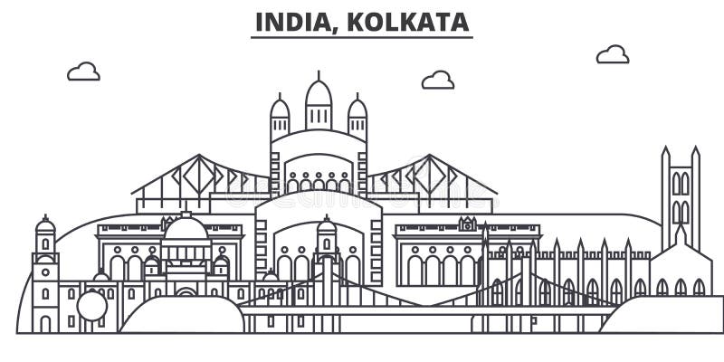 Indien Kolkata arkitekturlinje horisontillustration Linjär vektorcityscape med berömda gränsmärken, stad siktar