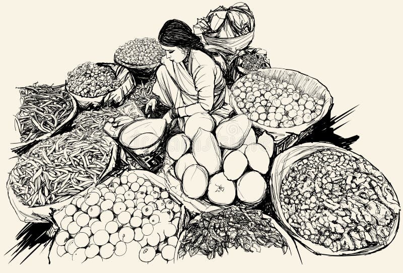 Indien - kvinna som säljer frukt och grönsaken i mars