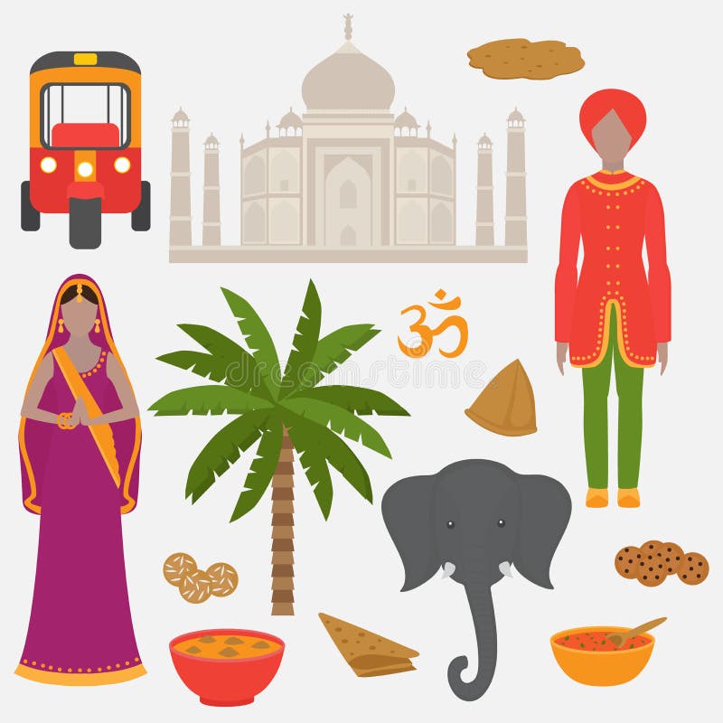Indien ställde in Hinduismdesignbeståndsdelar South Asia härlig kvinna och man som bär den indiska traditionella torkduken Taj Ma
