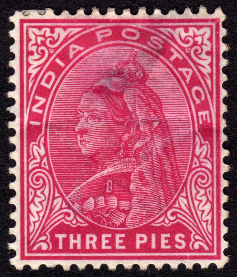 Antique late 19th century Indian three pies postage stamp showing the empress Queen Victoria. Antique late 19th century Indian three pies postage stamp showing the empress Queen Victoria