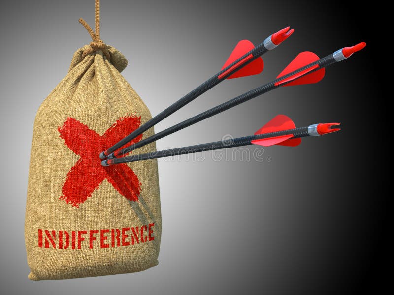 Indifference - Three Arrows Hit in Red Target on a Hanging Sack on Green Bokeh Background. Indifference - Three Arrows Hit in Red Target on a Hanging Sack on Green Bokeh Background.