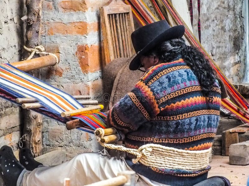 Indigenous Quechua Man Weaving Fabric on a Backstrap Loom