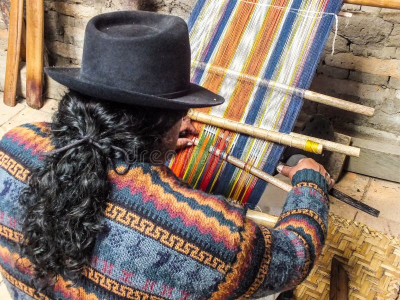 Indigenous Quechua Man Weaving Handspun Wool