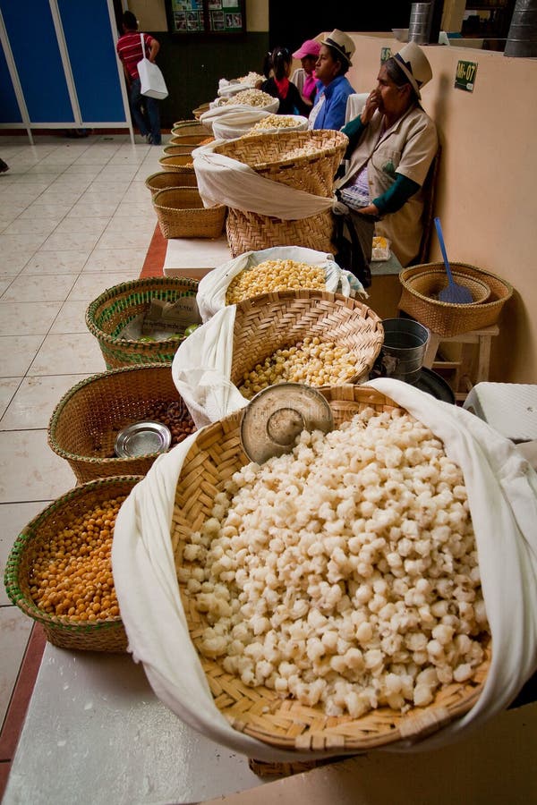 Indigenous woman selling mote hominy in Gualaceo