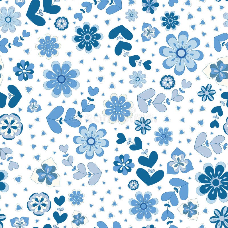 Indigo blauwe herhaalt naadloos patroon van geschetste gestileerde bloemen en bladeren Een vrij bloemen vectorontwerp in blauw en stock illustratie Indigo blauwe herhaalt naadloos patroon van geschetste gestileerde bloemen en bladeren Een vrij bloemen vectorontwerp in blauw en stock illustratie