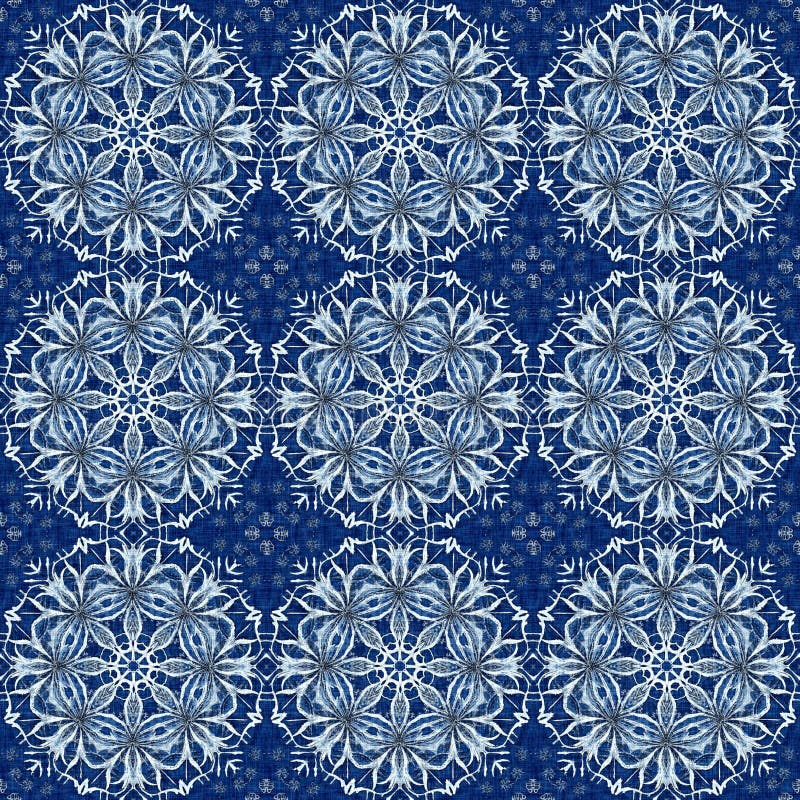 Indigo Blue Snow Flake Damask Pattern Background. Frosty Painterly ...