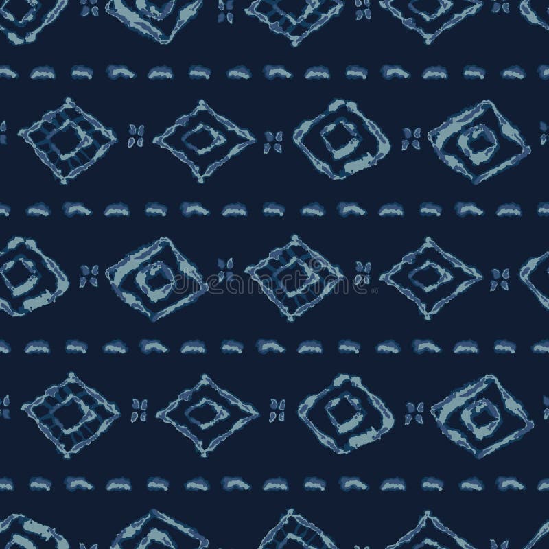 Indigoblå blå modell för vektor för Batikfärg sömlös Utdragen Grungediamant för hand stock illustrationer Indigoblå blå modell för vektor för Batikfärg sömlös Utdragen Grungediamant för hand stock illustrationer