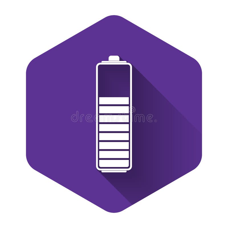 Indikator för vit batteriladdningsnivå isolerad med lång skugga. lila hexagon-knapp stock illustrationer