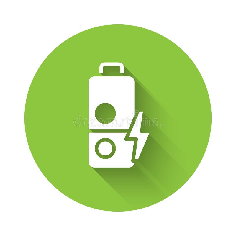 Indikator för vit batteriladdningsnivå isolerad med lång skuggbakgrund. knapp för grön cirkel. vektor royaltyfri illustrationer