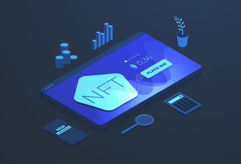Indiometrisches Konzept. Nicht fungible Token-Karte mit wie machen Gebot-Buy-Taste und ätherum Kryptowährung lizenzfreie abbildung