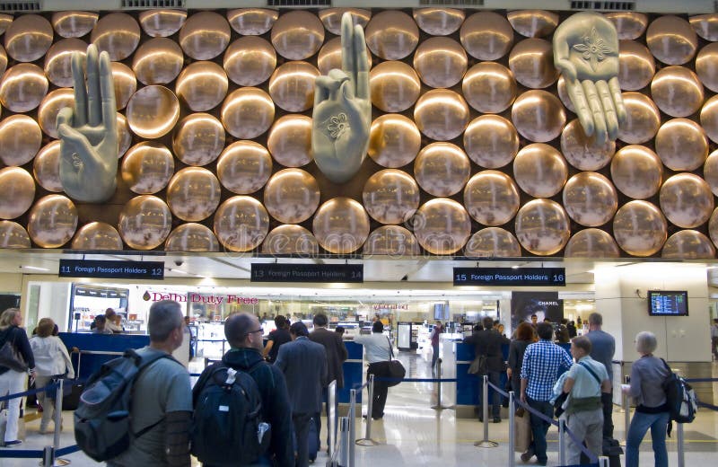 The Arrivals section of the Indira Gandhi International Airport displays blessing hands, inspired by the Buddhist tradition. The Arrivals section of the Indira Gandhi International Airport displays blessing hands, inspired by the Buddhist tradition.