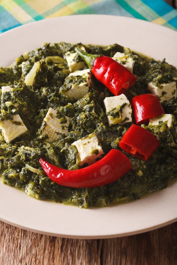 Indische keuken: Palak paneer close-up verticaal royalty-vrije stock fotografie Indische keuken: Palak paneer close-up verticaal royalty-vrije stock fotografie