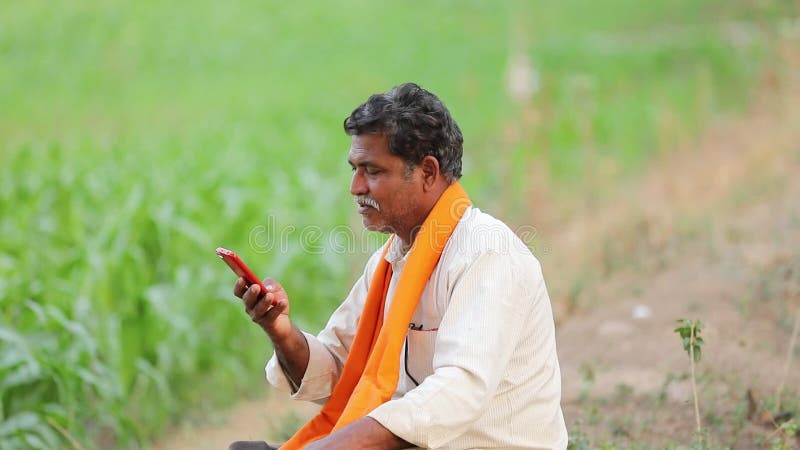 Indische landbouwer die mobiele telefoon met behulp van bij graangebied