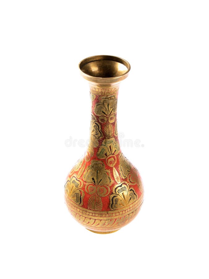 Indian old stamped brass vase with ornament isolated on white background. Indian old stamped brass vase with ornament isolated on white background