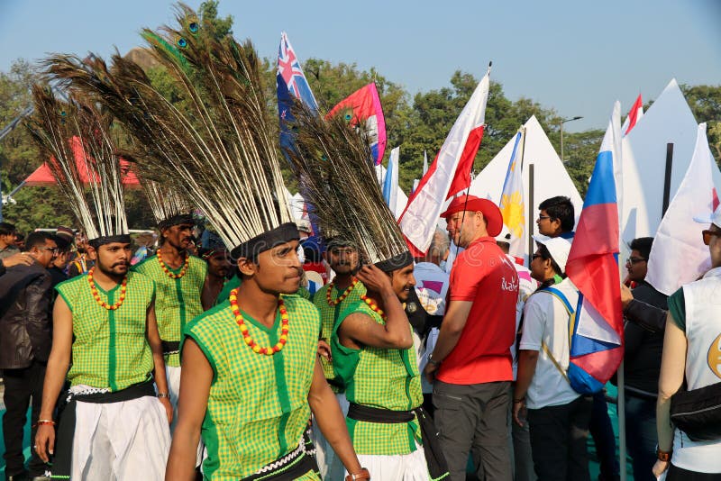 Indische Tänzer an 29. internationalem Drachenfestival 2018 - Indien stockfotografie Indische Tänzer an 29. internationalem Drachenfestival 2018 - Indien stockfotografie