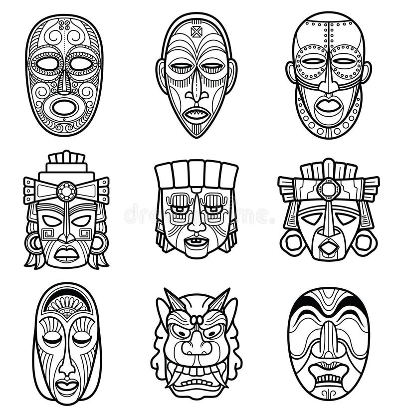 Indian aztec and african historic tribal mask set. Native face masks vector illustration. Indian aztec and african historic tribal mask set. Native face masks vector illustration