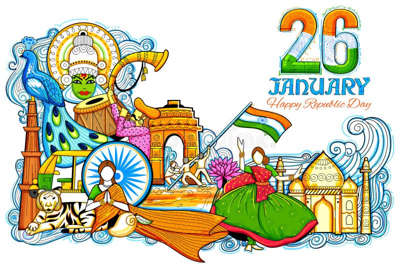 Indischer Hintergrund, der seine unglaubliche Kultur und Verschiedenartigkeit mit Monument, Festivalfeier für den 26. Januar zeig