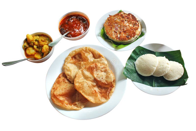 Indisk frukost & lunch - dosa, idli, poori, sambar arkivbild Indisk frukost & lunch - dosa, idli, poori, sambar arkivbild