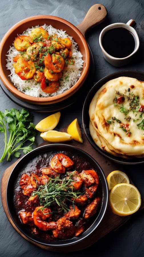 Indisk matfest med kyckling tikka masala shrimp biryani naan bröd och kaffe royaltyfri illustrationer