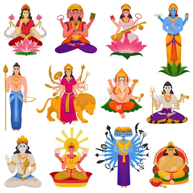 Indiska guds vektor hindu gudinnan av gudinna karaktär och hinduismen gudomlig idol Ganesha i Indien illustrerar uppsättningen av