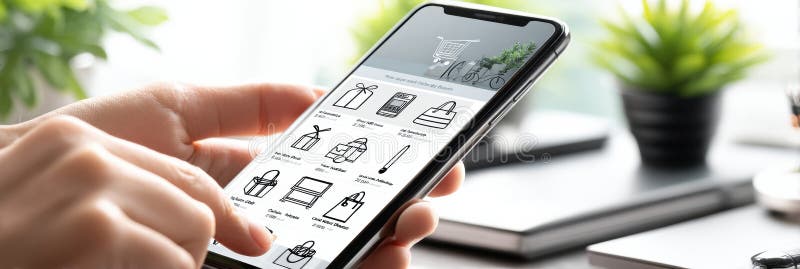 User Engaged in Online Shopping on Smartphone With a Clean and Minimalistic Layout, Showcasing Products for Purchase and stock photography