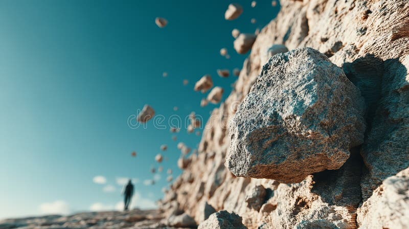 Individual Climbing Mountain with Rocks Falling in the Background Under Clear Blue Sky stock illustration