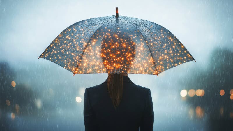 Individual Holding Umbrella Staring at Digital Binary Rain in Bokeh Setting royalty free stock photos