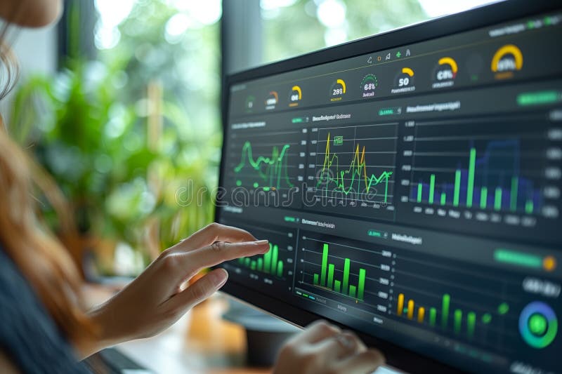 Touchscreen interaction with business growth data vector illustration