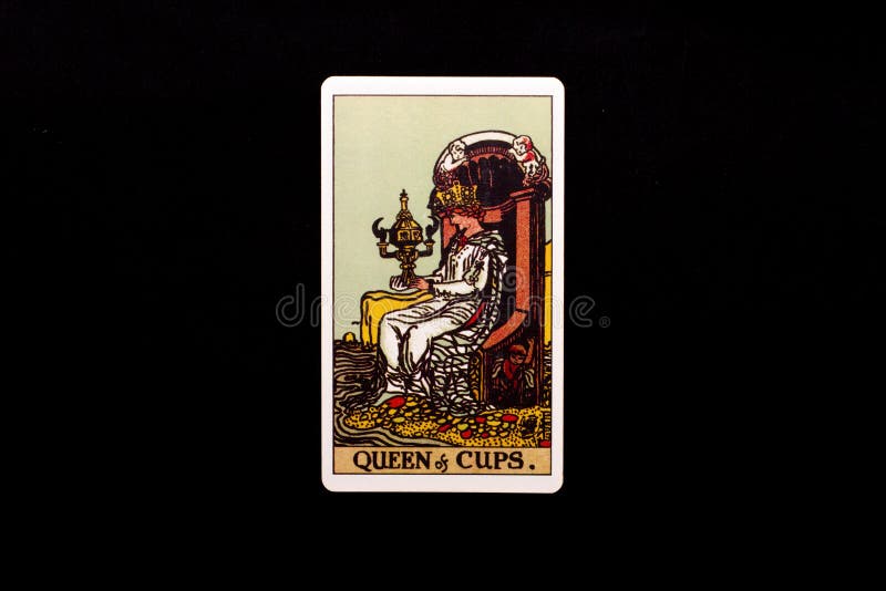 An individual minor arcana tarot card isolated on black background. Queen of cups.