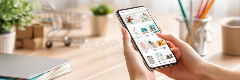 User Browsing an E-Commerce Site on a Smartphone in a Modern Workspace With Clean Minimal Layout, Exploring Various royalty free stock image