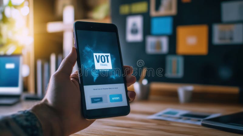 Hand casting digital vote on smartphone screen in modern workspace showcasing online voting technology and engagement royalty free stock image
