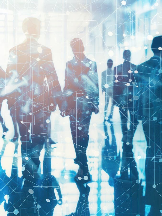 Individuals engage in collaborative discussions while surrounded by digital representations of business profiles and networking content for social media. Networking profiles stock images, royalty-free photos and pictures