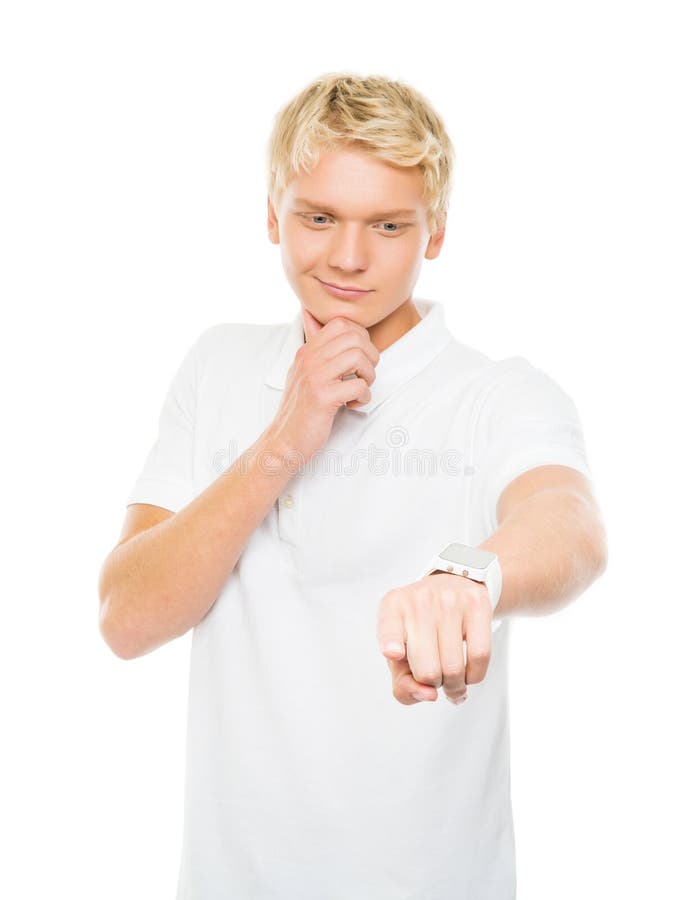 Young and handsome teenage boy pushing an imaginary and invisible button isolated on white. Young and handsome teenage boy pushing an imaginary and invisible button isolated on white.