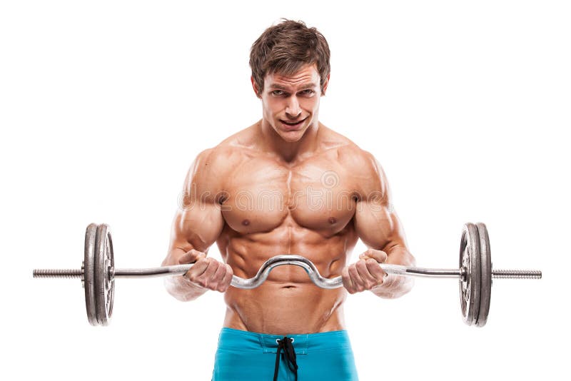 Individuo muscular del culturista que hace ejercicios con pesas de gimnasia imagen de archivo Individuo muscular del culturista que hace ejercicios con pesas de gimnasia imagen de archivo