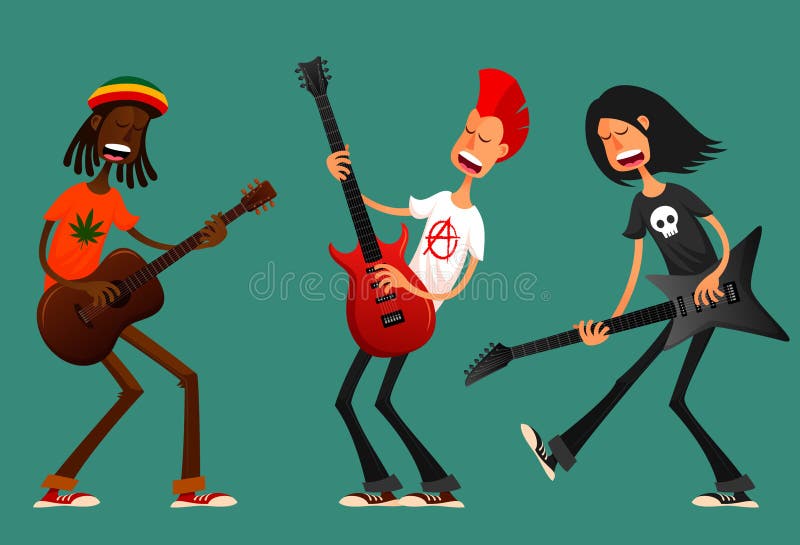 Individuos divertidos de la historieta que tocan la guitarra