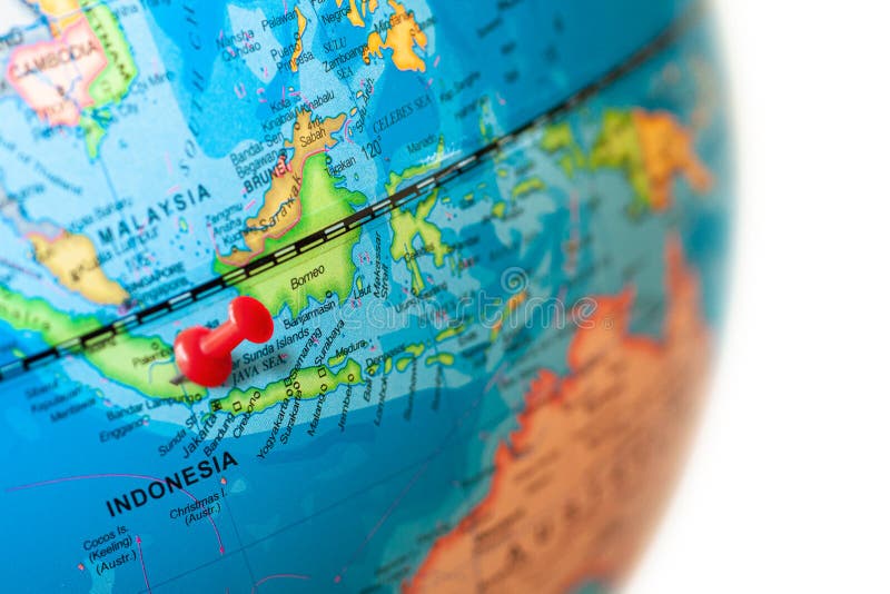 Indonesia Map. Earth Globe Close Up with a Red Pin. Stock Image - Image