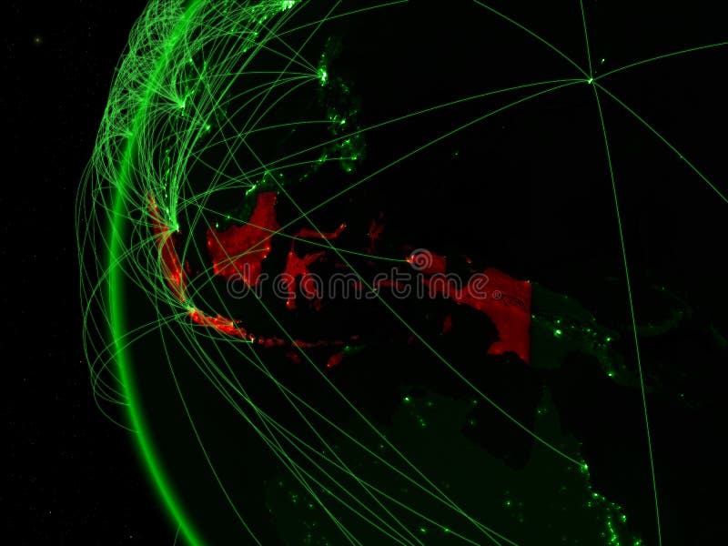 Indonesië van ruimte op groen model van Aarde met internationale netwerken Concept groene mededeling of reis 3d royalty-vrije illustratie Indonesië van ruimte op groen model van Aarde met internationale netwerken Concept groene mededeling of reis 3d royalty-vrije illustratie