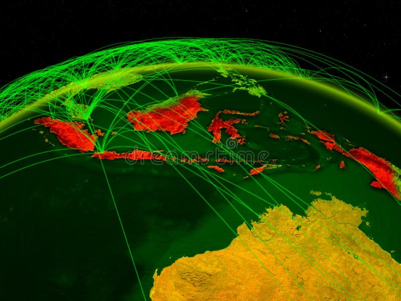 Indonésia na terra digital do planeta com a rede internacional que representa uma comunicação, o curso e as conexões ilustração 3 ilustração stock Indonésia na terra digital do planeta com a rede internacional que representa uma comunicação, o curso e as conexões ilustração 3 ilustração stock