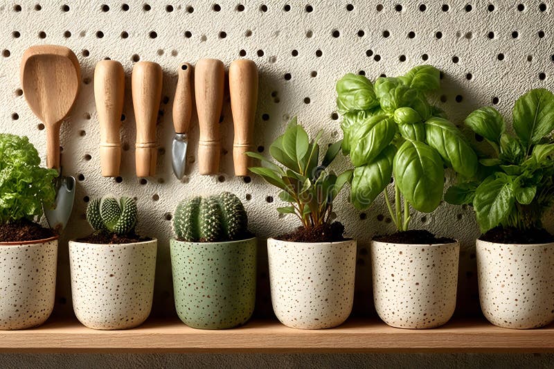 Home Gardening: Indoor Herb and Cactus Pots on Wooden Shelf Generative AI royalty free stock images