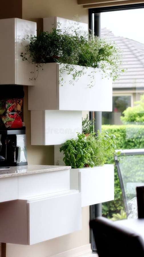 Indoor herb garden with modern white planters in stylish kitchen setting stock image
