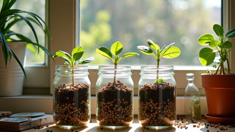 Indoor herb garden: seedlings growing in jars on sunny windowsill royalty free stock photography