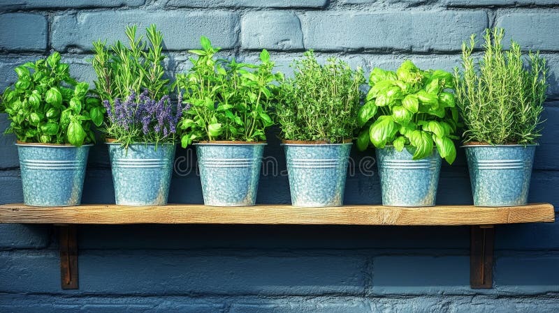 An indoor herb garden is situated on a wooden shelf in front of a brick wall royalty free stock image