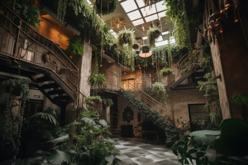 Indoor Jungle, with Plants and Vines Crawling Up Walls and Hanging from ...