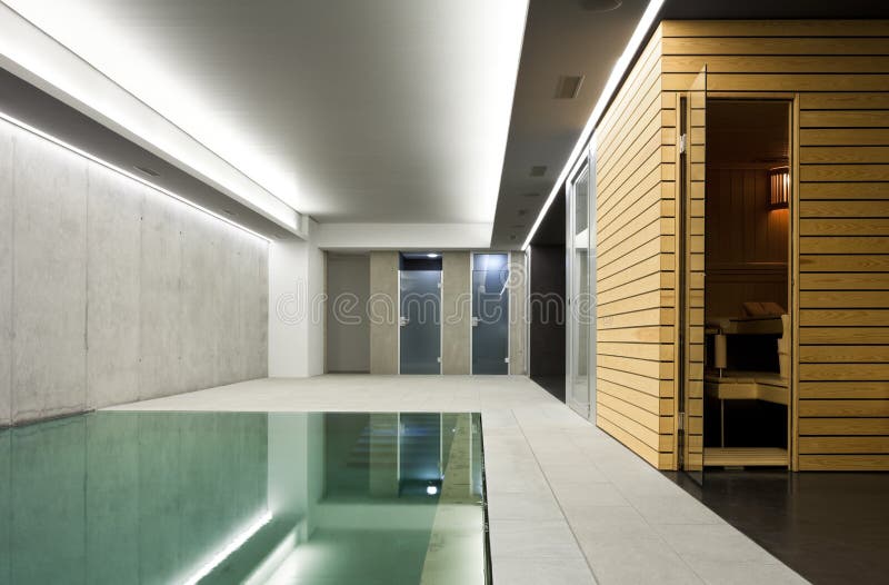 Indoor pool with sauna stock photo
